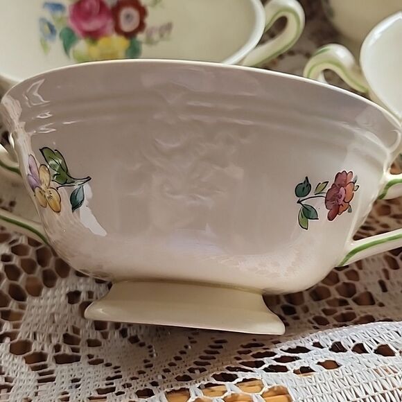 WWII Era Antique Double Handled Floral Cream Soup Bowls - Picture 7 of 9